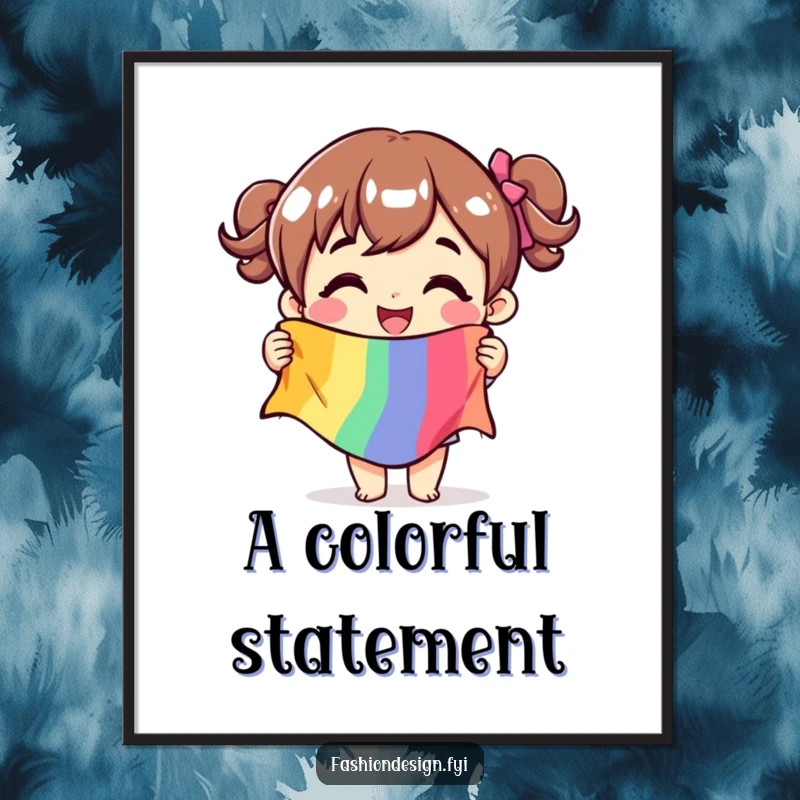 Funny poster art of a character gleefully holding a vibrant fabric swatch, celebrating the joy of crafting.