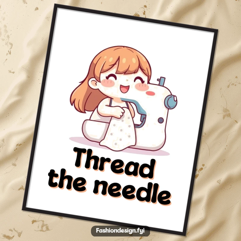 Funny poster depicting a delighted character sewing, a humorous and charming piece of wall art for any creative space.