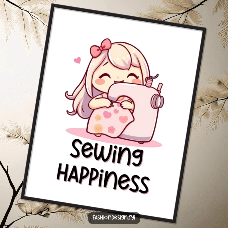 Funny Sewing Machine Poster: Happy character gleefully stitching a playful pattern, ideal for humorous and creative wall decor.