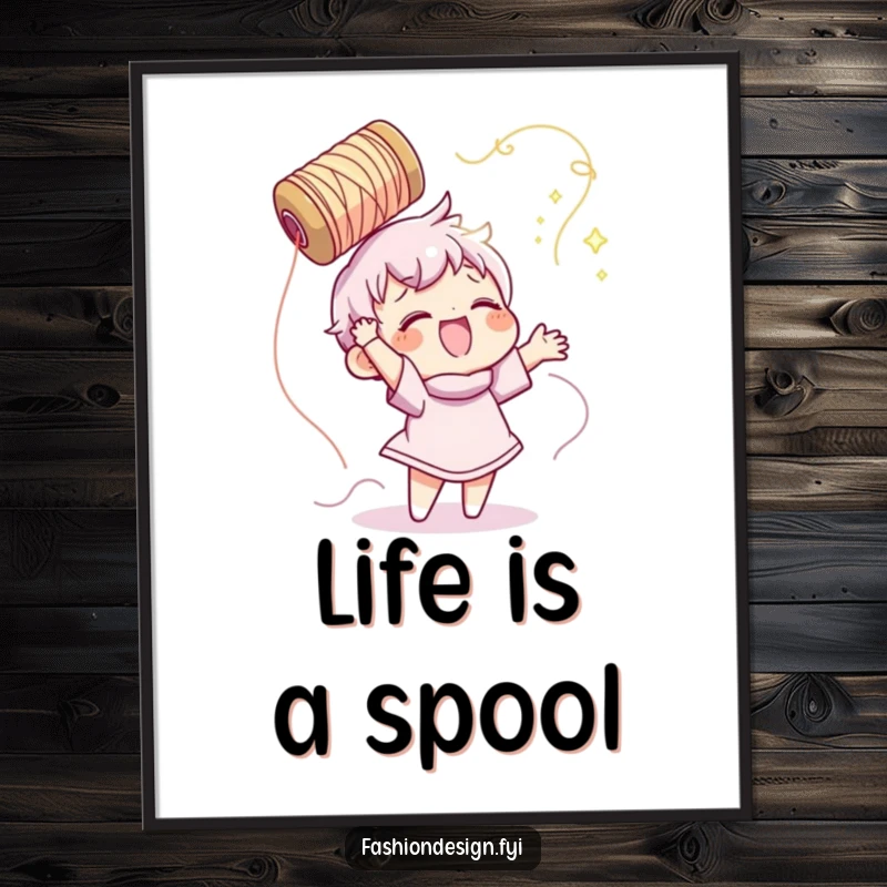 Funny poster art of a character gleefully tossing a spool of shimmering thread, celebrating the fun of sewing and crafting.