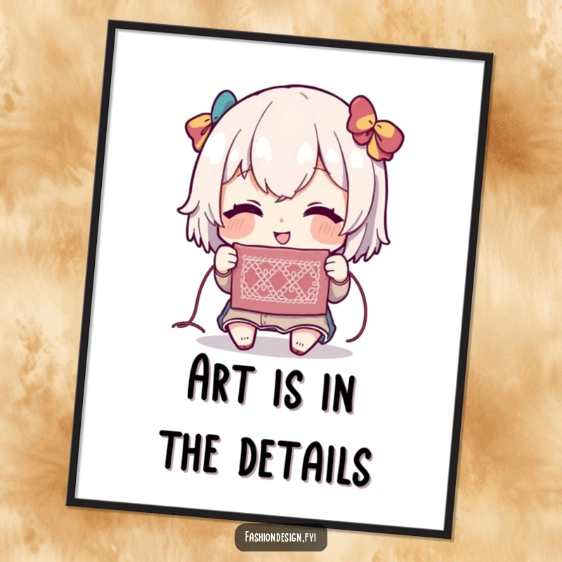 Funny poster art of a character with a delighted expression, focusing intently on a single, perfectly executed, intricate stitch.