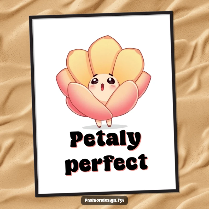 Funny poster featuring a surprised character gazing upwards at a large, embroidered fabric petal gently floating down, conveying a sense of peaceful wonder.