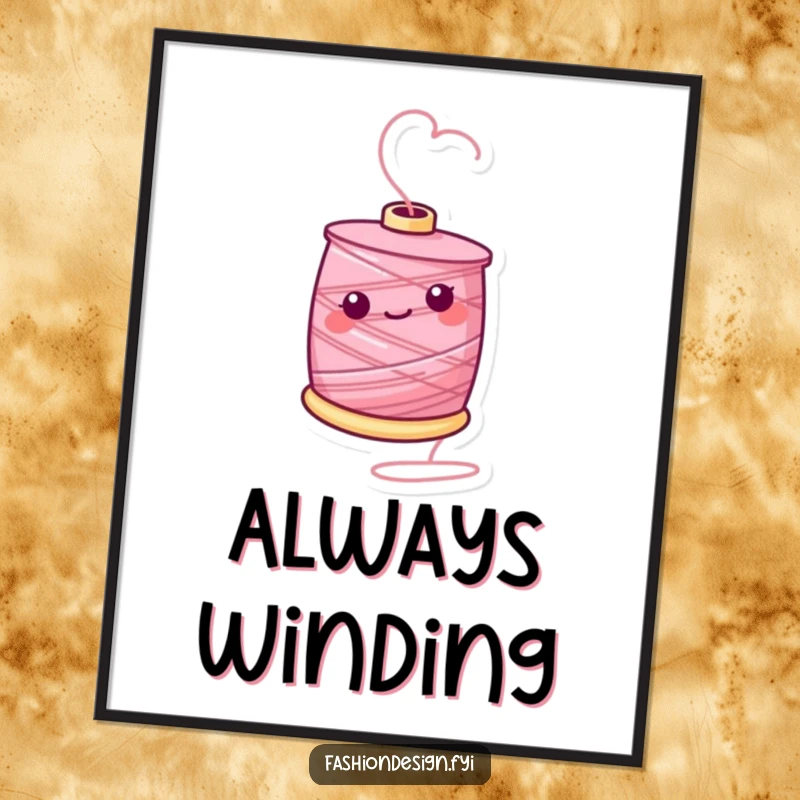 Funny poster depicting a happy spool of thread twirling on its end, a charming representation of craft and creativity.