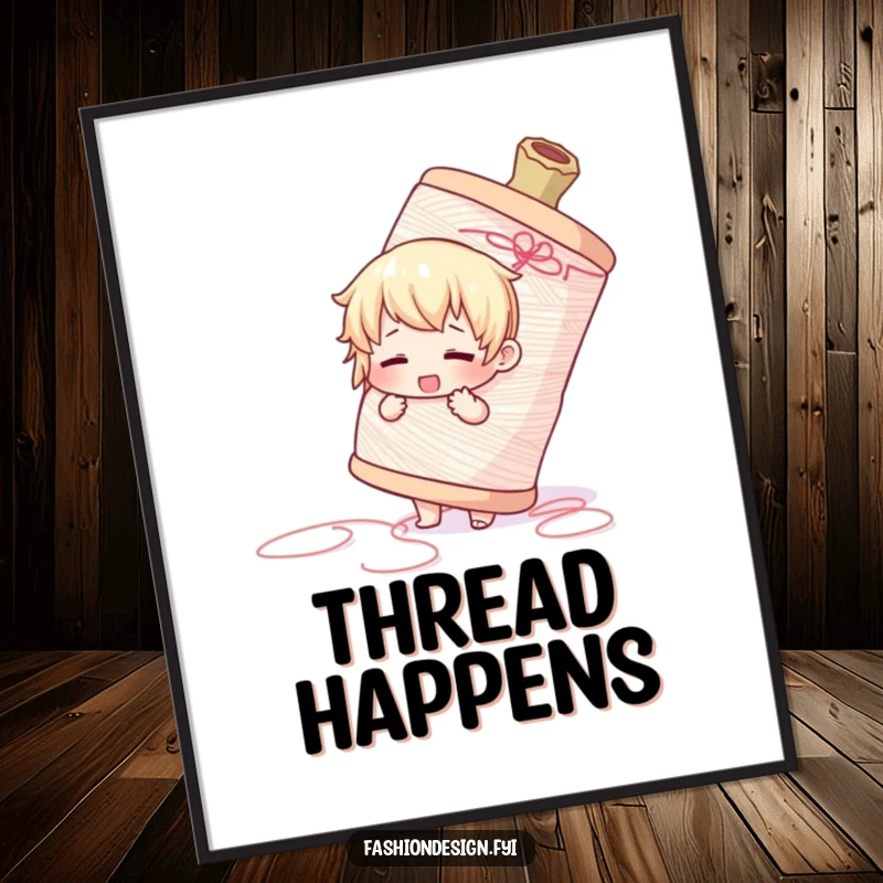 Funny poster of a cute character adorably wrestling a gigantic spool of thread, perfect for a sewing room.
