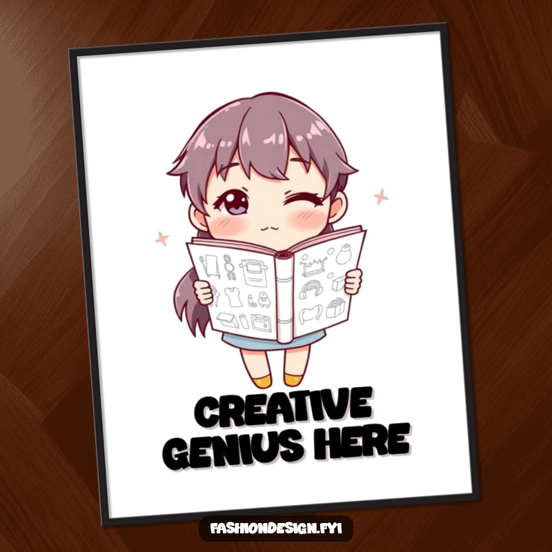 Funny Poster print of a winking character holding a sketchbook filled with designs, symbolizing artistic inspiration.