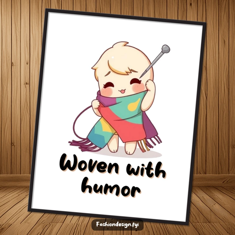 Funny zig-zag stitch poster of a playful character using a giant needle to create an exaggerated stitch on a vibrant scarf, bold humorous art, funny gift.