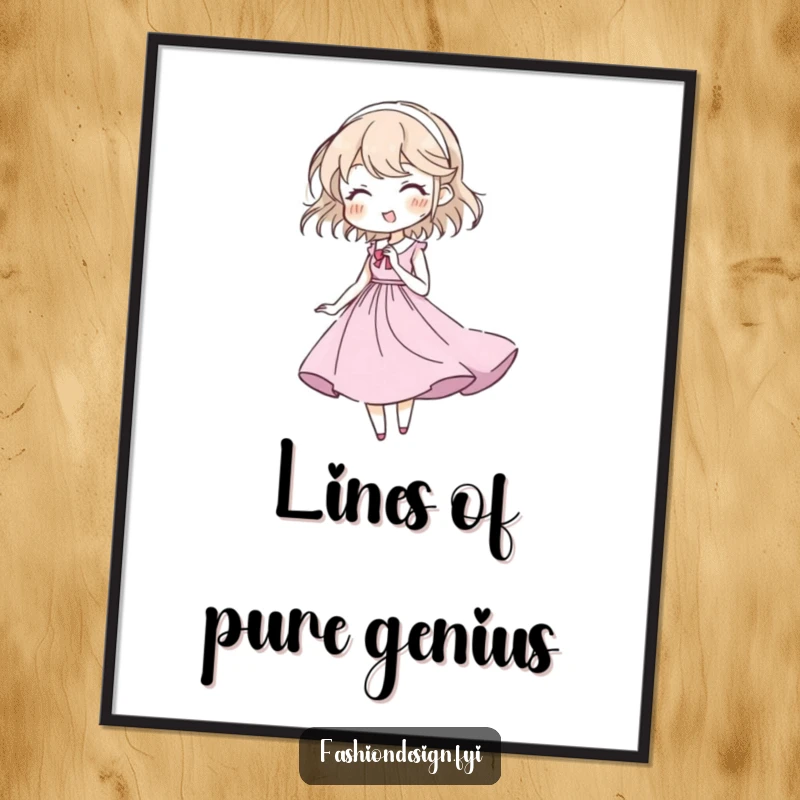 Funny poster art of a character delightedly sketching a flowing gown, celebrating the art of creation.