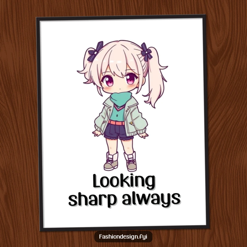 Funny poster: a confident character proudly displays a finished, stylish outfit, perfect for fashion lovers.