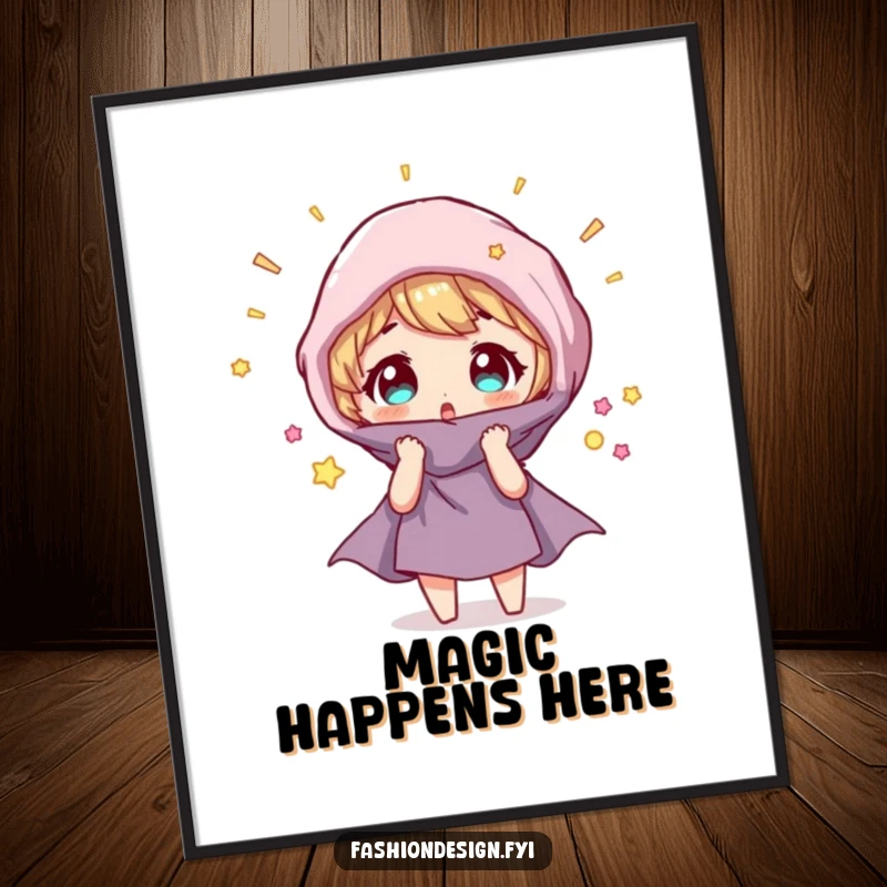 Funny Poster: Character looking surprised as a fabric swatch magically transforms, a whimsical piece for any room.