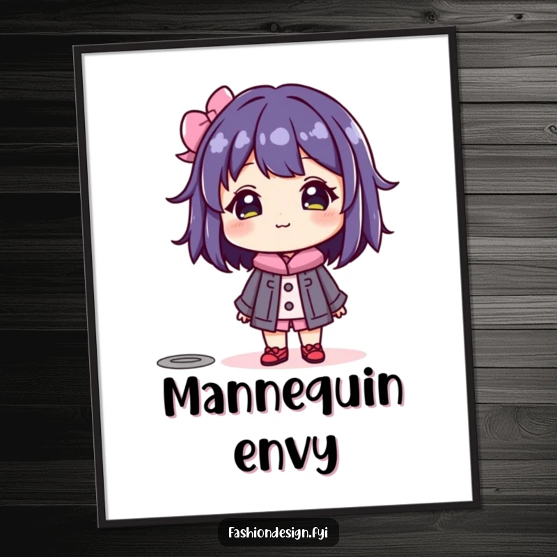 Funny poster art of a beaming character admiring a colorful mannequin, perfect for fashion-themed decor.