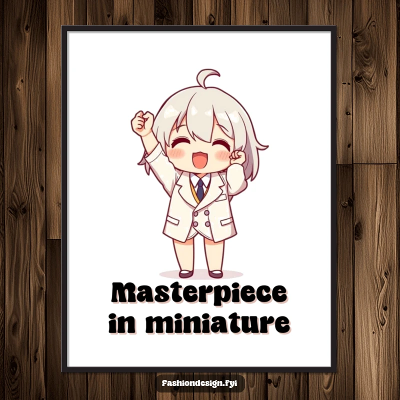 Funny poster art of a character proudly holding a perfectly tailored miniature garment, celebrating sewing excellence.