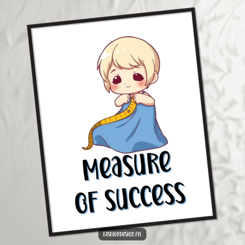 Funny poster depicting a character measuring fabric playfully, perfect for adding a humorous touch to sewing rooms or studios.