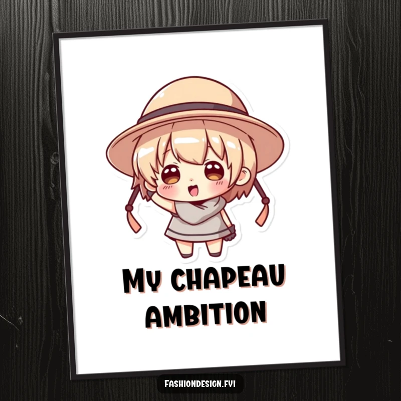 Funny poster art of a character hilariously trying to wear a hat that is comically much too large.