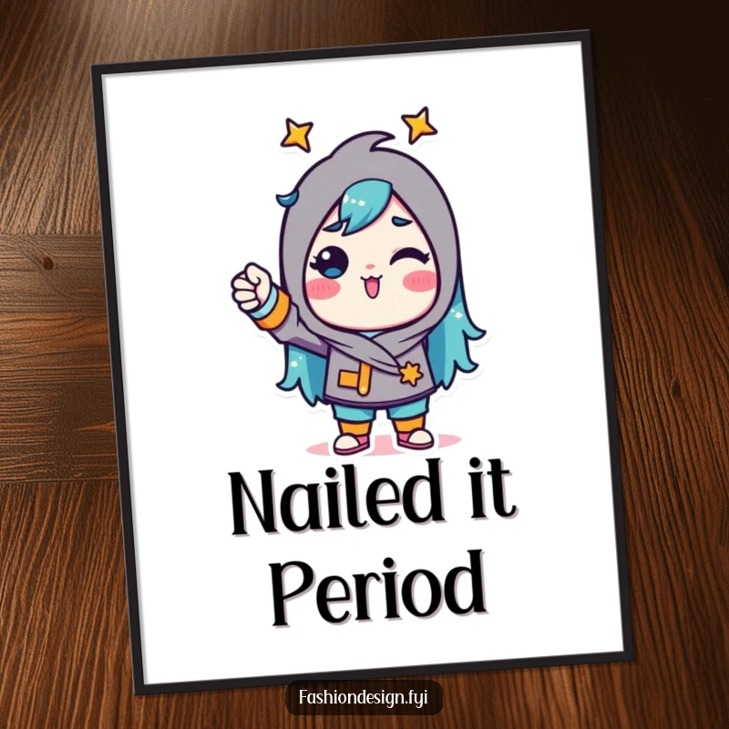 Funny Poster print of a triumphant character pinning fabric with a confident, skilled gesture, ideal for art studios.