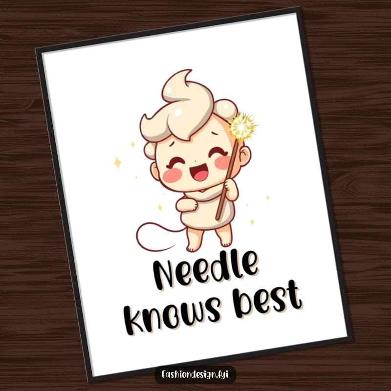 Funny poster showcasing a cheerful character holding a giant, sparkly needle, inspiring creativity and joy in sewing.