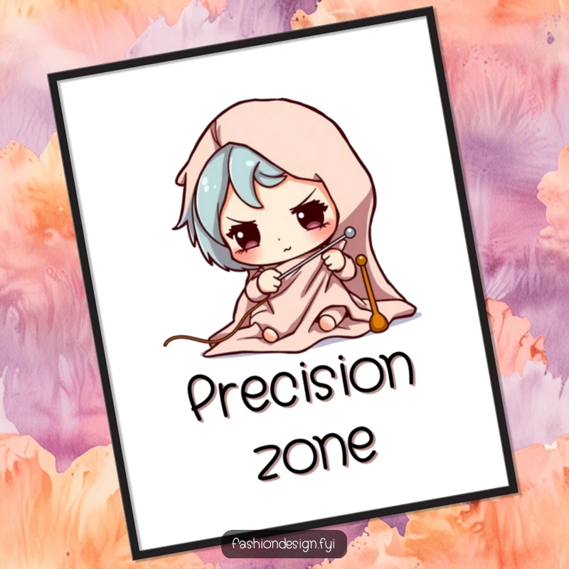 Funny poster art depicting a character's concentrated face as they precisely pin fabric for sewing.