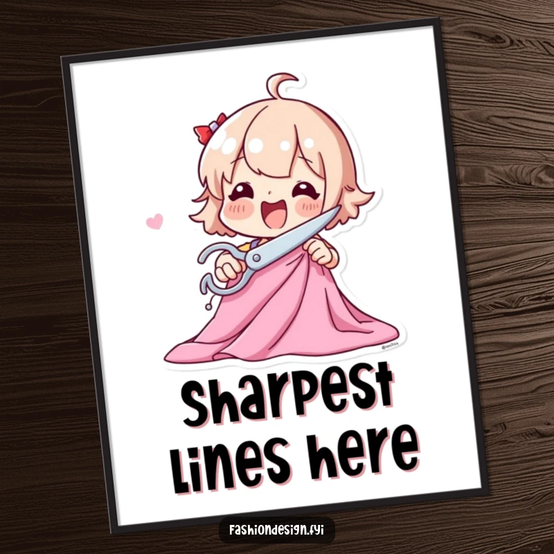 Funny poster print of a playful character excitedly cutting fabric with large scissors, celebrating the joy of sewing.