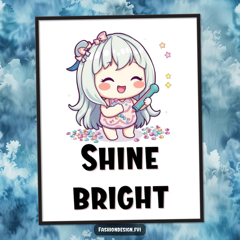 Funny poster depicting a joyful character gleefully gluing shiny sequins, a representation of artistic passion and sparkle.