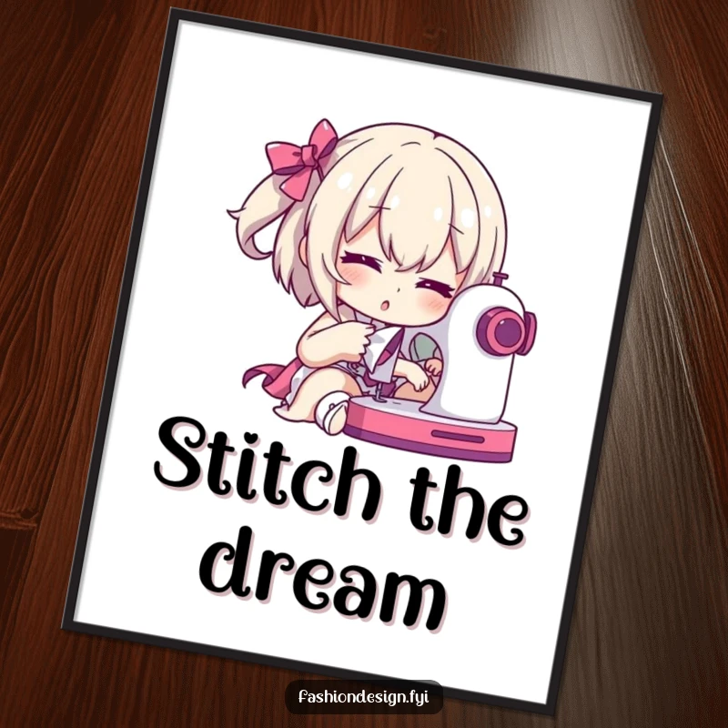 Funny Poster: Dramatic character posing with a sewing machine mid-stitch, a statement piece for sewing enthusiasts.