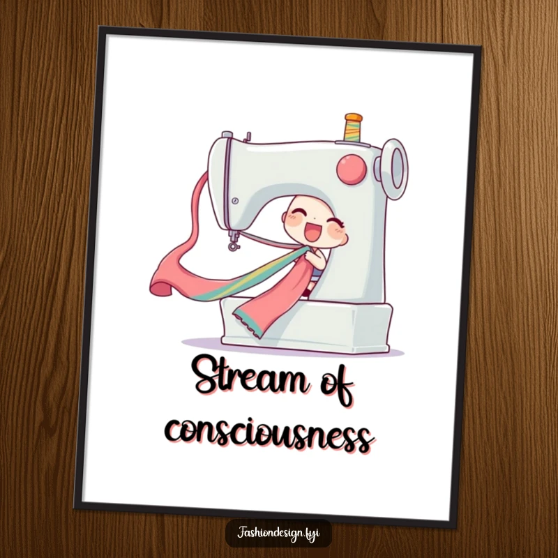 Funny ribbon pull poster of a delighted character pulling a long colorful silk ribbon from a giant sewing machine, joyful humorous art, funny gift.