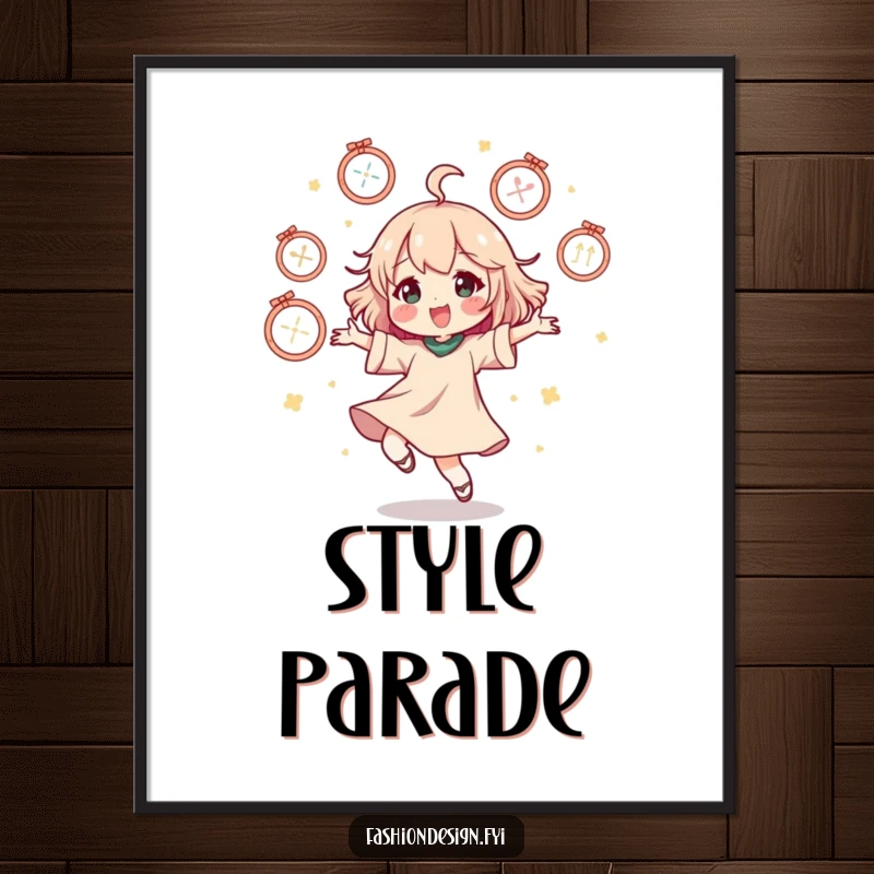 Funny poster of a character doing a happy dance surrounded by floating mannequins, adding whimsical decor.