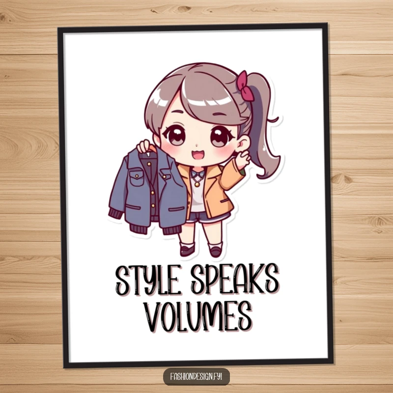 Funny Poster: Stylish character excitedly holding up a new fashionable garment, a vibrant piece of art celebrating fashion.