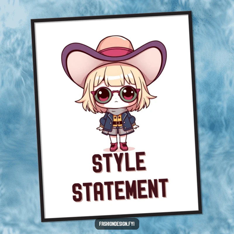 Funny poster of a proud fashionista character flaunting a ridiculously oversized and stylish hat, embodying confidence and chic.