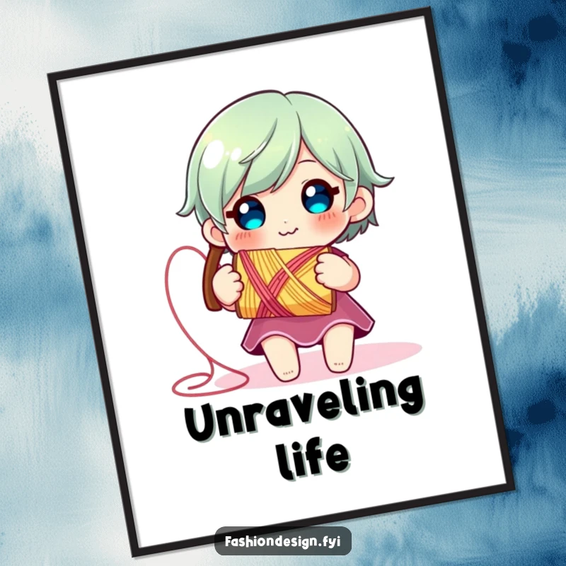 Funny Thread Spool Poster: Cute character smiling with unraveling thread from a spool, ideal for humorous and creative wall decor.