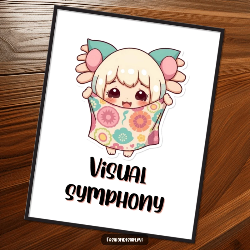 Funny poster art of a character with a delighted expression, holding up a piece of wildly patterned fabric.