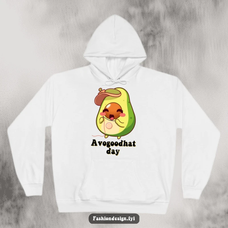 Funny surprised avocado with needle and thread, sewing a button onto a miniature hat, hoodie, great funny gift.