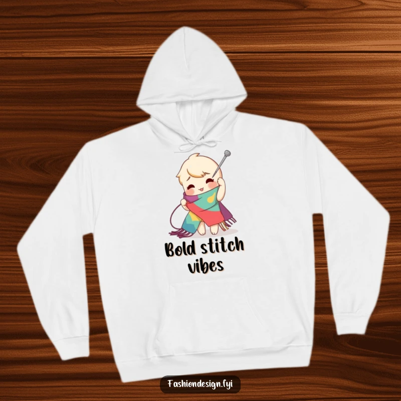 Funny zig-zag stitch hoodie showing a playful character using a giant needle to create an exaggerated stitch on a vibrant scarf, warm funny gift.