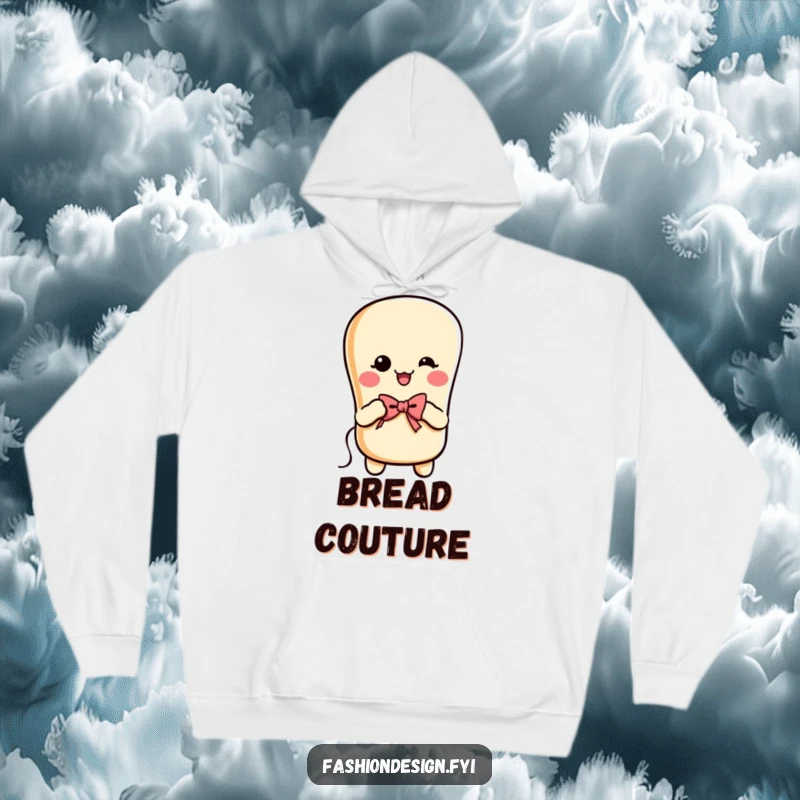 Funny cheerful baguette with arms, sewing a tiny bow using needle and thread, hoodie, great funny gift.