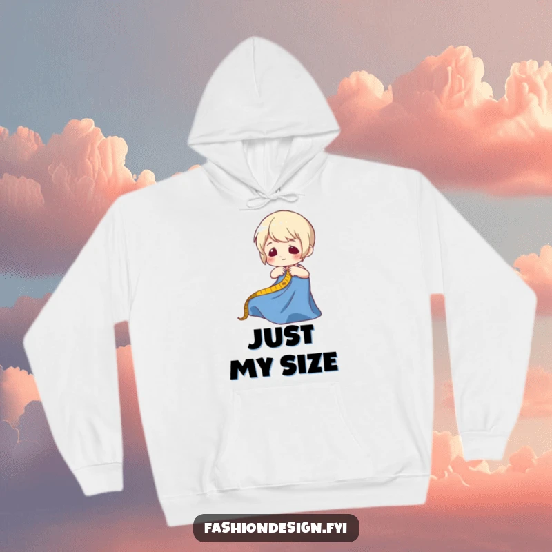 Funny hoodie with a character using a tape measure on fabric, designed for comfort and a good laugh, ideal for crafters.