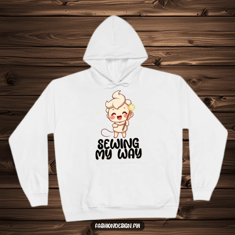 Funny hoodie featuring a cheerful character with a giant sparkly needle, providing cozy comfort and a love for sewing.