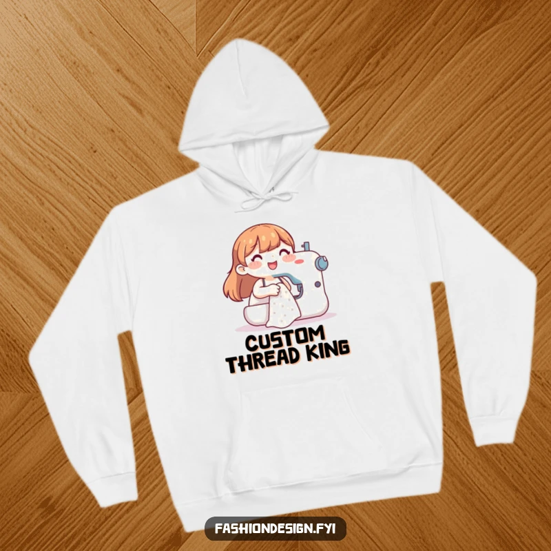 Funny hoodie featuring a happy character diligently using a sewing machine, offering warmth and a humorous nod to passionate creators.