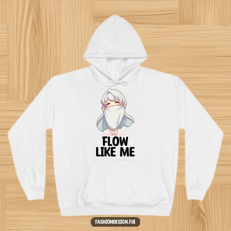Funny Hoodie with a cheerful character elegantly draping cloth, symbolizing fluidity and artistic expression.