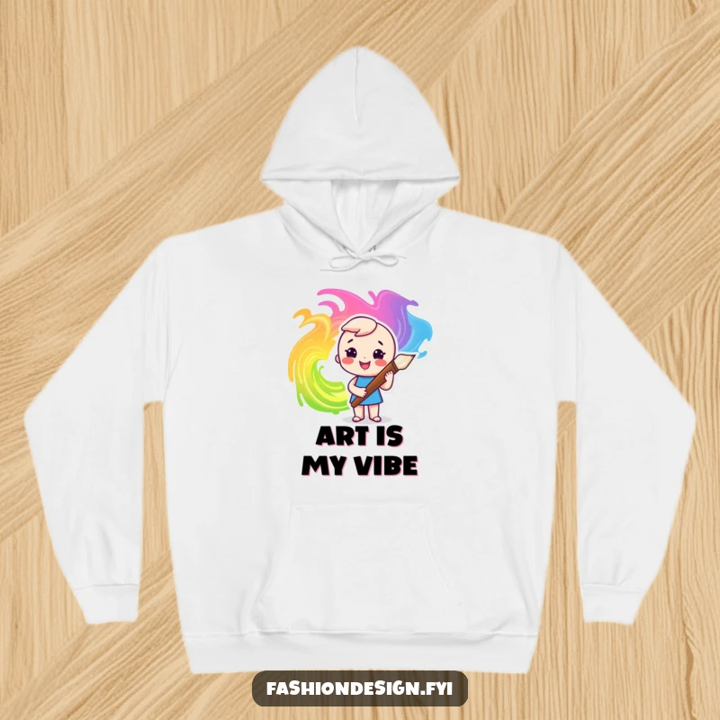 Funny hoodie depicting a happy character wielding a large paintbrush, creating mesmerizing swirls of bright, bold colors.
