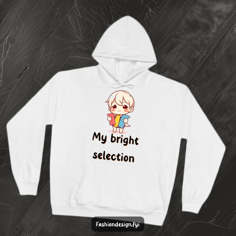 Funny hoodie featuring a happy character choosing colorful fabric swatches, ideal for cozy crafting and humorous moments.