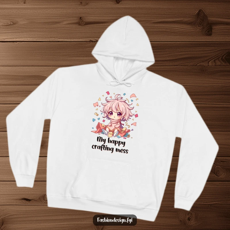 Funny hoodie showing a character in delightful creative chaos, enveloped by airborne fabric scraps; ideal for crafters to wear.