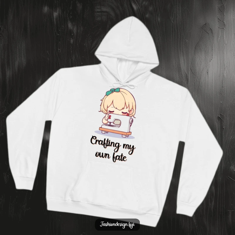 Funny hoodie of a curious character examining a tiny sewing machine, perfect for cozy creative sessions.