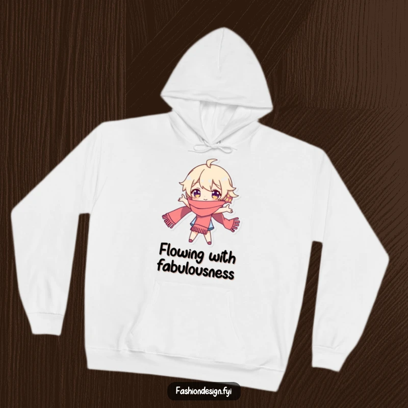 Funny hoodie showcasing a playful character in a dramatic pose with a long scarf, embodying theatricality and cozy style.