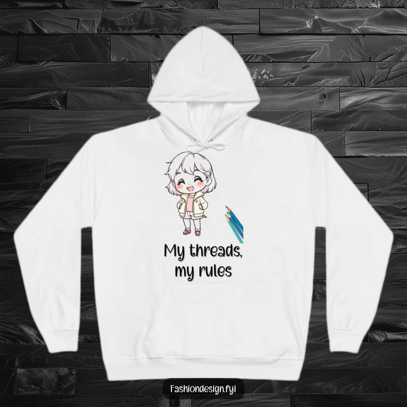 Funny hoodie showing a cheerful character enthusiastically sketching a fashion design, embodying creativity and artistic joy.