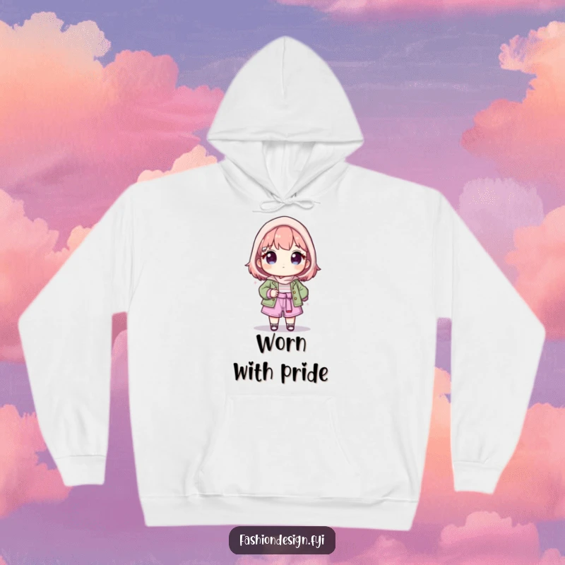 Funny hoodie illustrating a proud character proudly displaying their completed fashion design, radiating confidence and joy.