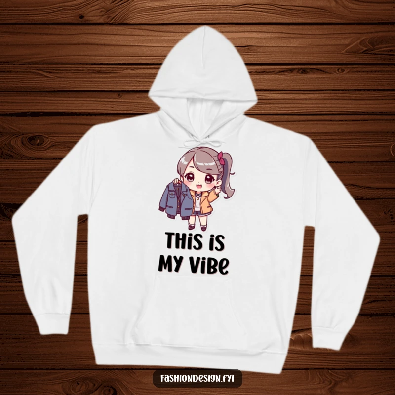 Funny Hoodie: Stylish character excitedly holding up a new fashionable garment, perfect for fashion lovers and humor.