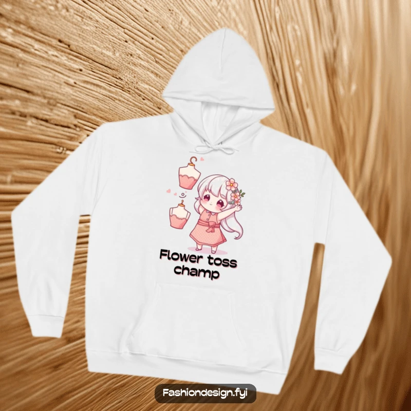 Funny Florist Hoodie: A whimsical character in a sparkly apron playfully tosses a flower-adorned mannequin head, a funny gift.