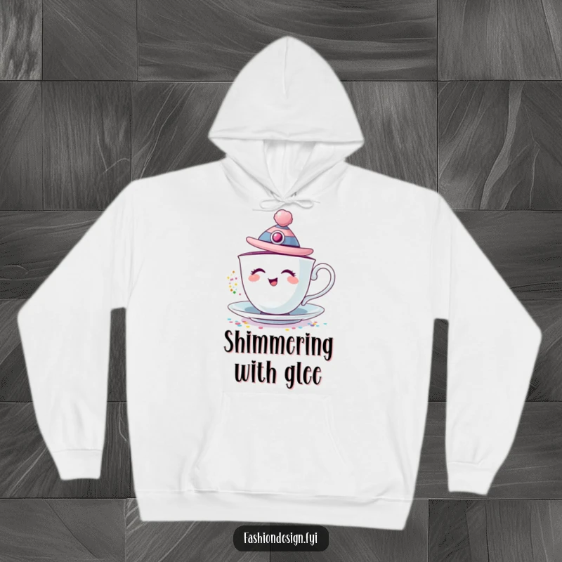 Funny hoodie of a giggling teacup with a fashion hat, merrily pouring a cascade of colorful glitter.