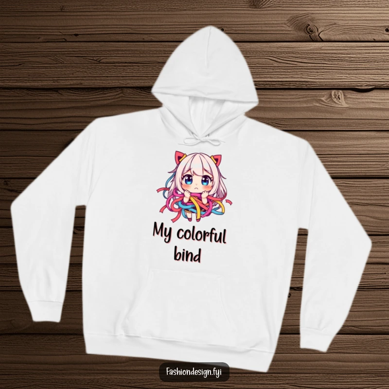 Funny hoodie depicting a character comically tangled in colorful ribbons, sporting a playfully frustrated expression.