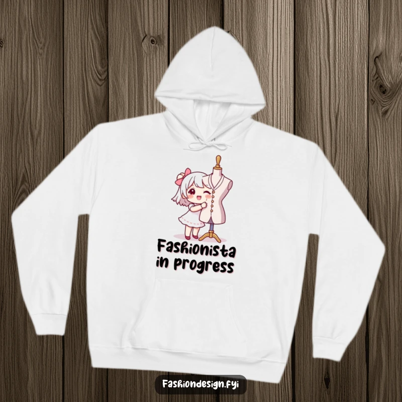 Funny seamstress hoodie depicting a character happily pinning fabric to a mannequin, offering warmth and creative humor, a cool gift.