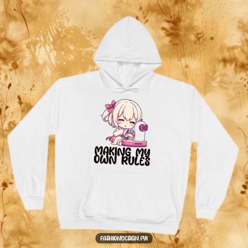 Funny Hoodie: Dramatic character posing with a sewing machine, mid-stitch, celebrating the art of sewing humorously.