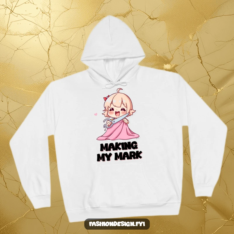 Funny hoodie with a playful character excitedly cutting fabric with large scissors, embodying crafting passion.